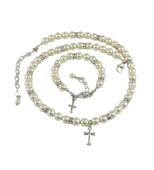 Elegant Children PRESTIGE Crystal Pearl and Rondelle Cross Necklace/Bracelet-SET,First Communion Pearl Jewelry-SET,Confirmation Necklace