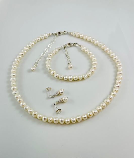 Freshwater Pearl Children Necklace Bracelet Earrings Set,Flower Girl Set,Real Pearl Set,Little Girl Baby Girl Freshwater Pearl Jewelry Set