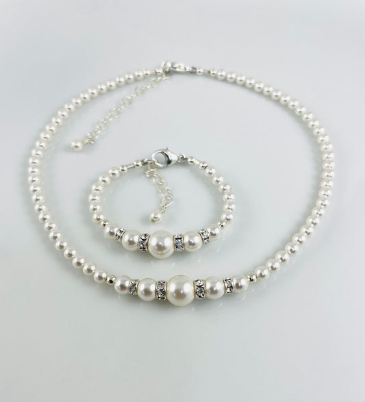 PRESTIGE Crystal Rhinestone Pearl Round Necklace Bracelet- SET, Bridesmaids Gift Necklace, Flower Girl Necklace, Junior Bridesmaids
