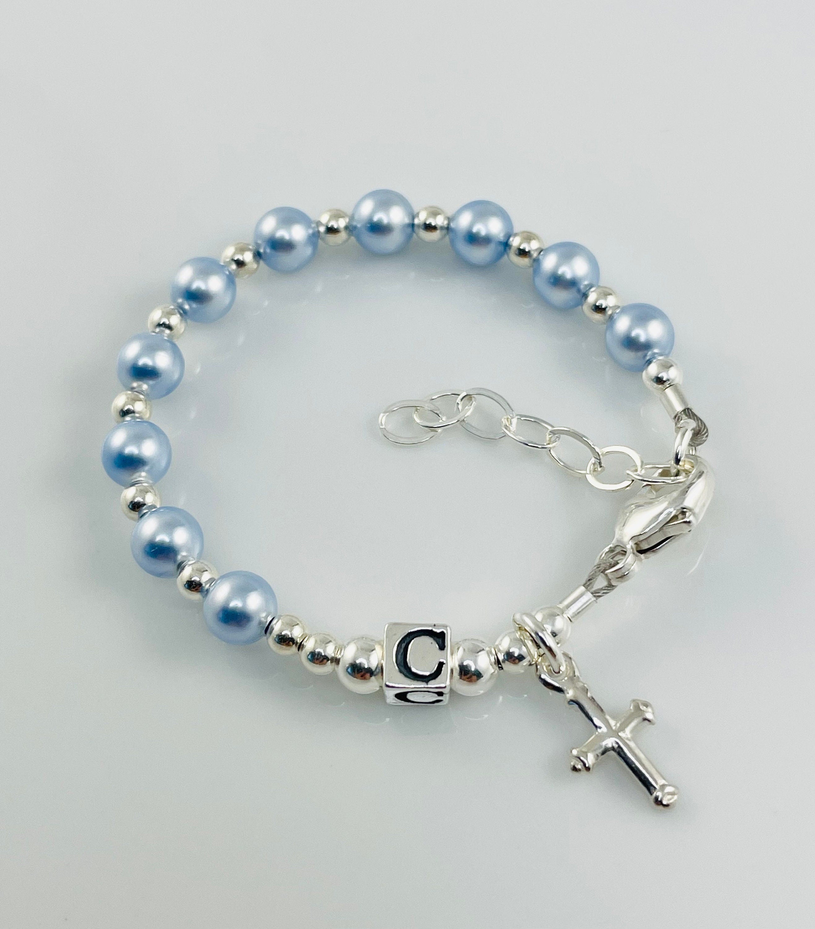 Six Sisters Beadworks - Baby Baptism Bracelet, christening pearls, name,  cross charm, gift