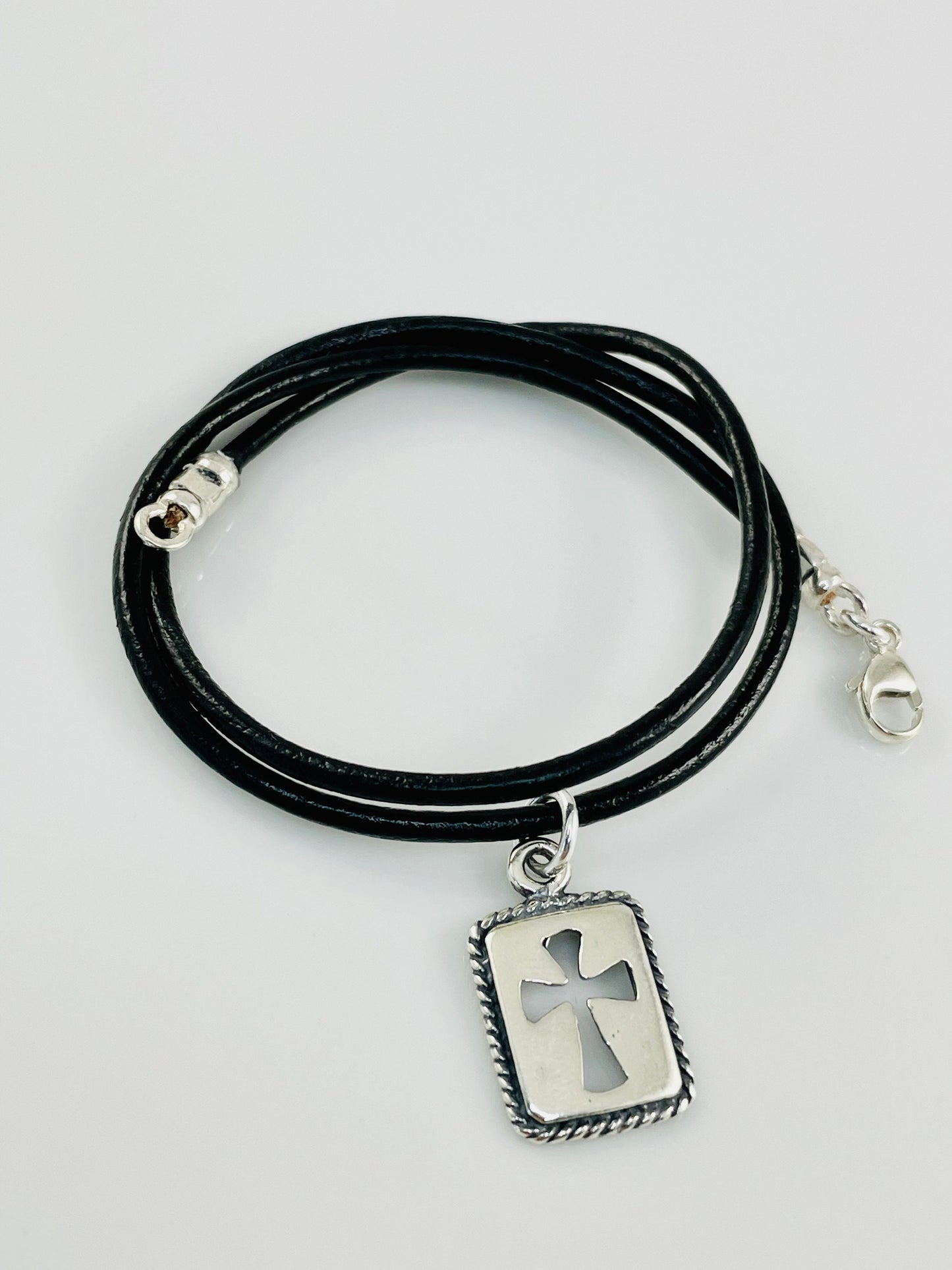 Mens Boys Leather and Sterling Silver Rectangle Cross Necklace Choker,Boy Baptism Communion Christian Confirmation Cross Necklace Jewelry
