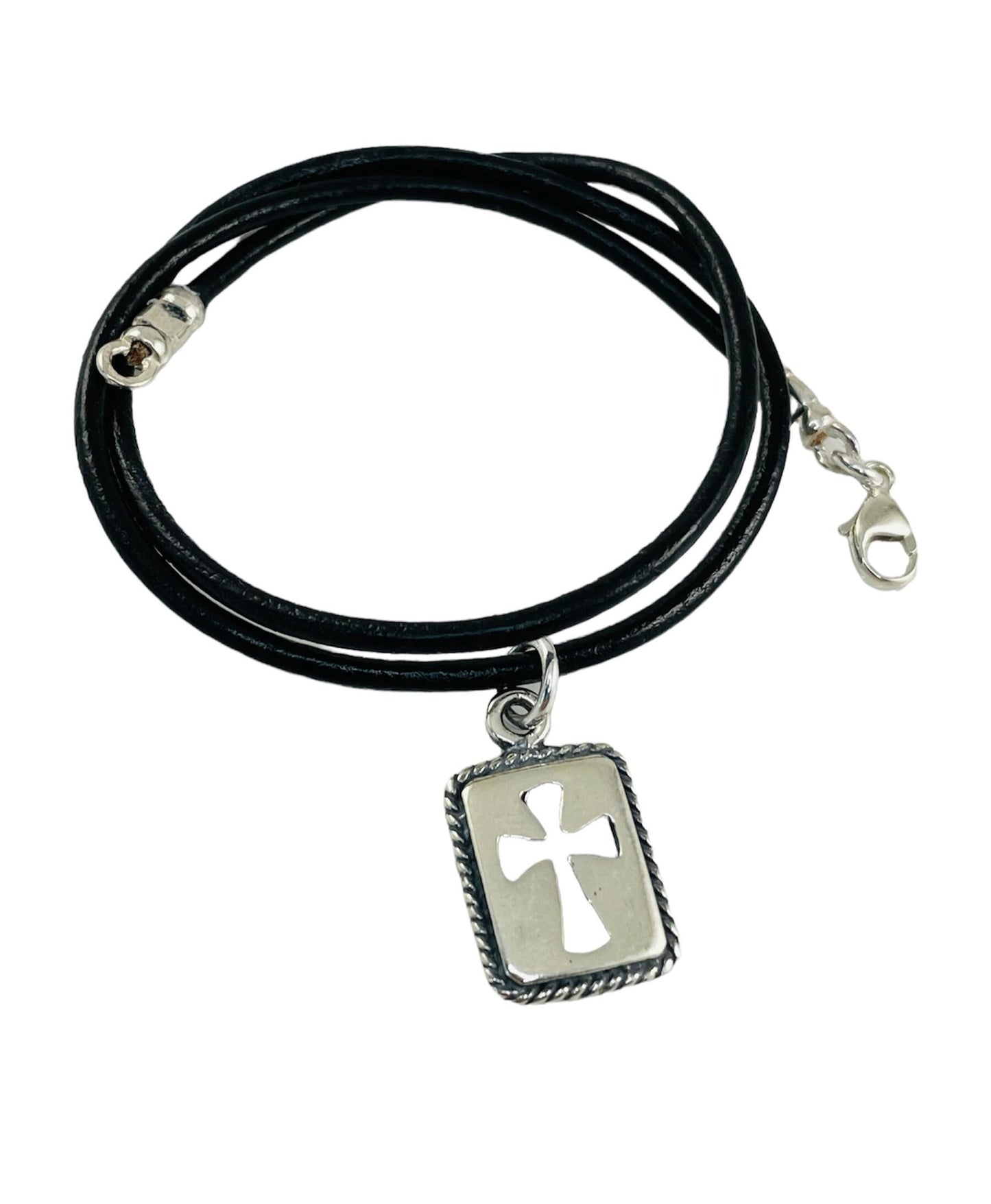 Mens Boys Leather and Sterling Silver Rectangle Cross Necklace Choker,Boy Baptism Communion Christian Confirmation Cross Necklace Jewelry