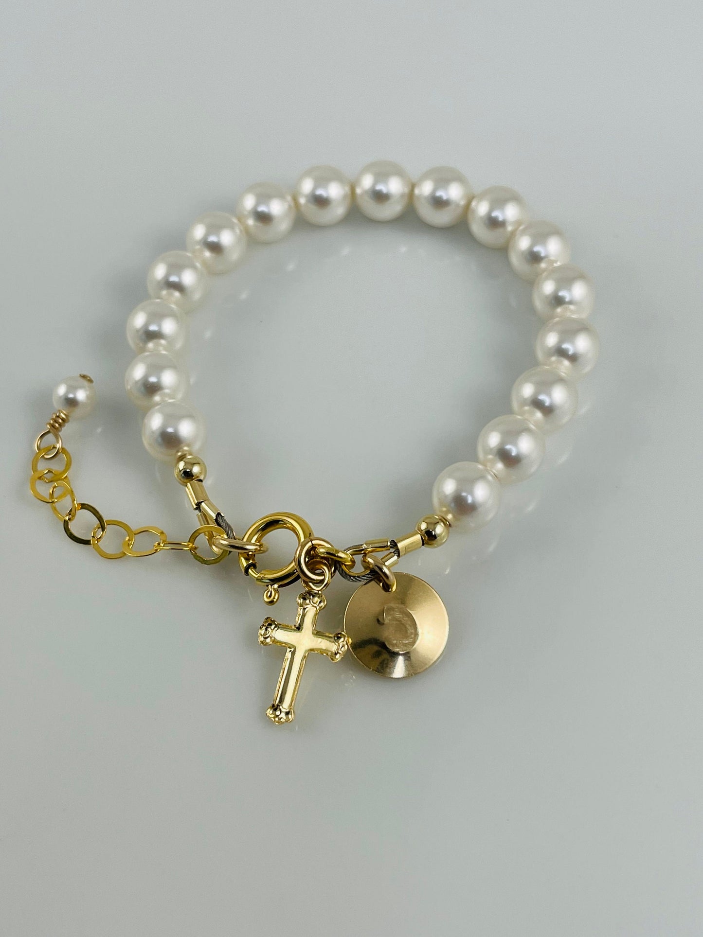 Gold Initial Cross Pearl Baptism Bracelet, Flower Girl Bracelet, Pearl Baptism Bracelet, First Communion-Confirmation,Baby Pearl Bracelet