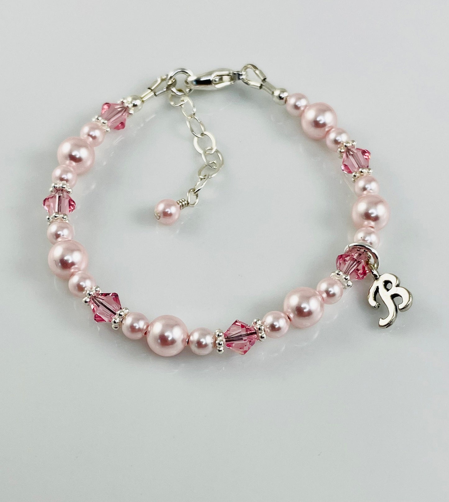 Personalized Baby Pink Pearls Initial Bracelet,Flower Girl Pearl Bracelet,Initial pearl Bracelet,Pink Pearl Bracelet, Twin ID Girls Bracelet