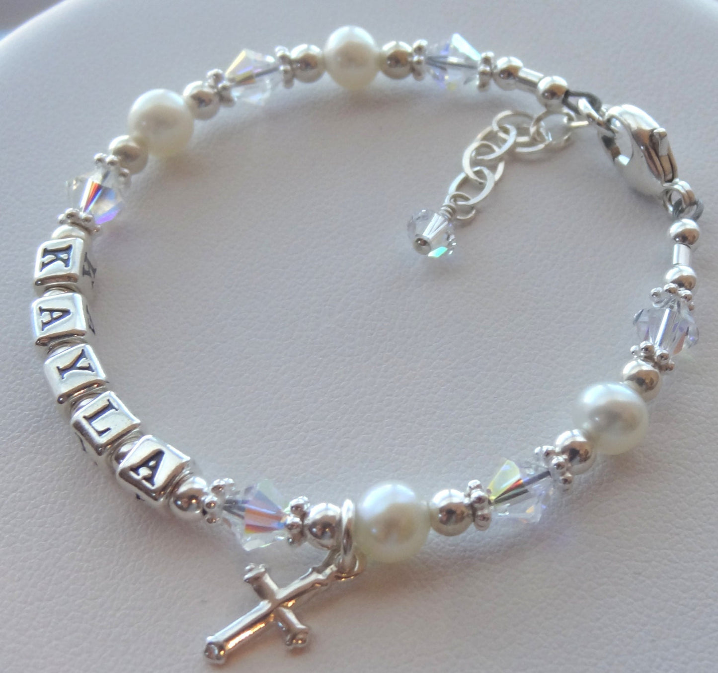 Sterling Silver Freshwater Pearl and Crystal Name Bracelet,Name Children Bracelet,Birthstone Bracelet,Christening First Communion Bracelet