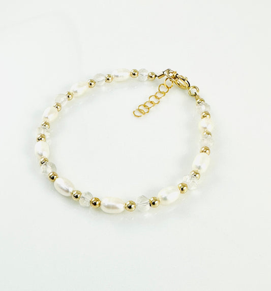 Gold White Pearl Rose Quartz Bracelet,Pale Pink Stone Bracelet,Personalised Jewelry,Gift for Her,Freshwater Pearl Friendship Bracelet