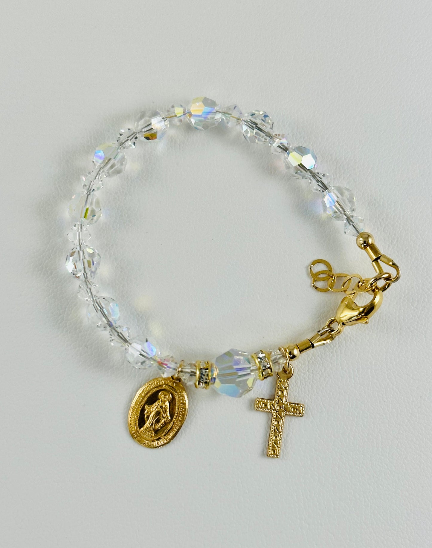 Gold Crystal One Decade Rosary Bracelet,Crystal Rosary Bracelet,First Holy Communion Confirmation Rosary Bracelet,Baptism Rosary Bracelet