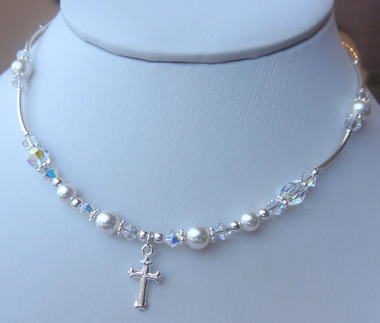 Sterling Silver First Communion Pearl Necklace,Flower Girl Pearl Necklace,Confirmation Pearl Necklace,Baptism Pearl Necklace,Cross Necklace
