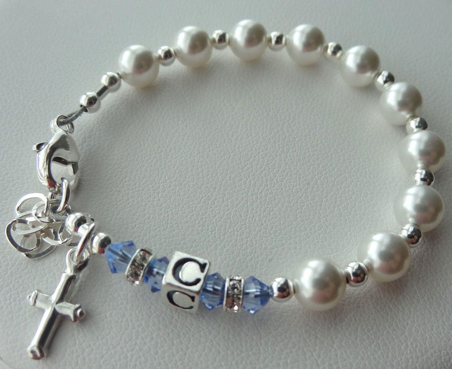 Silver Baby Baptism Personalized Initial Rosary Bracelet, Initial Birthstone Rosary Bracelet