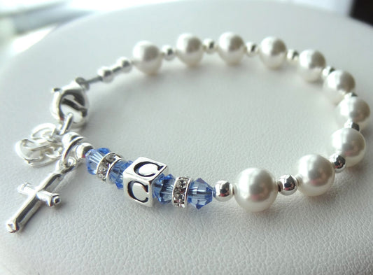 Silver Baby Baptism Personalized Initial Rosary Bracelet, Initial Birthstone Rosary Bracelet