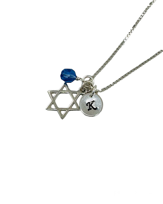 Star of David Charm Necklace for Bat Mitzvah,Star of David Necklace,Bat Mitzvah Jewelry,Jewish Jewelry,Personalized Initial and Birthstone