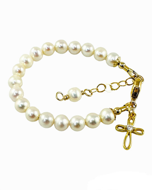 Gold Baby Baptism to Wedding Keepsake Bracelet,Freshwater Pearl Baby Bracelet,Christening Bracelet,Real Pearl Cross Bracelet,Baby to Adult Bracelet