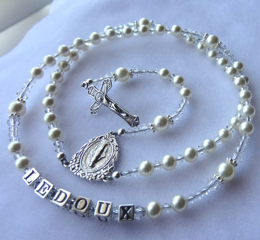 Personalized Silver Pearl Rosary, Pearl Rosary, Sterling Silver Baptism First Communion Personalized Pearl Rosary,Confirmation Christening