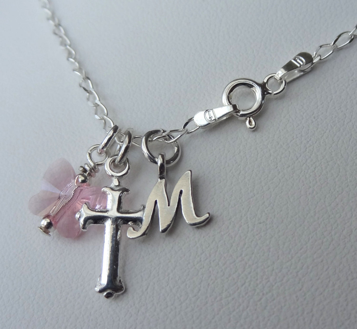 Confirmation GodChild Necklace,Sterling Cross Initial Necklace,Light Pink Butterfly Necklace,First Communion Confirmation Cross Necklace