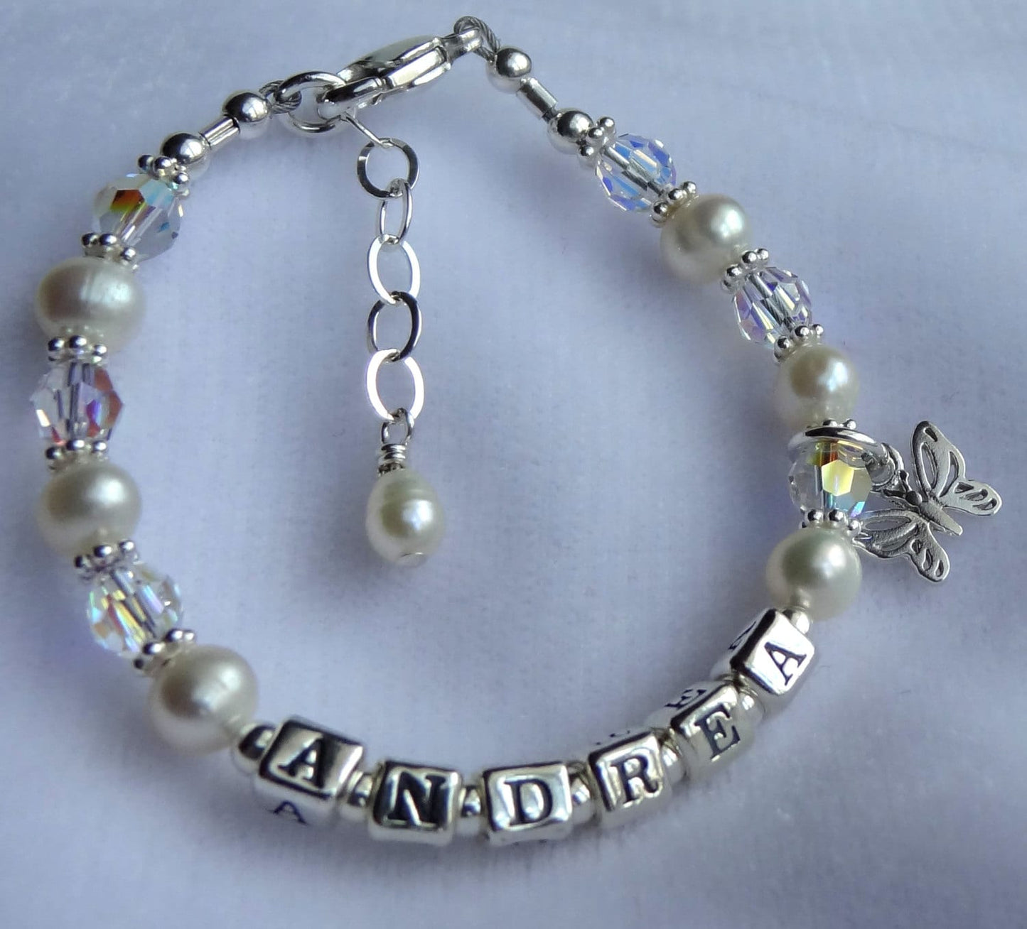Sterling Silver Freshwater Pearl and Crystal Name Bracelet,Name Children Bracelet,Birthstone Bracelet,Christening First Communion Bracelet
