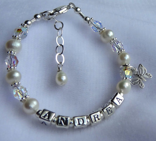 Personalized Freshwater Pearl Birthstone Name Bracelet,Children Name Bracelet,Baptism-First Communion Bracelet,Baby Girl Toddler ID Bracelet