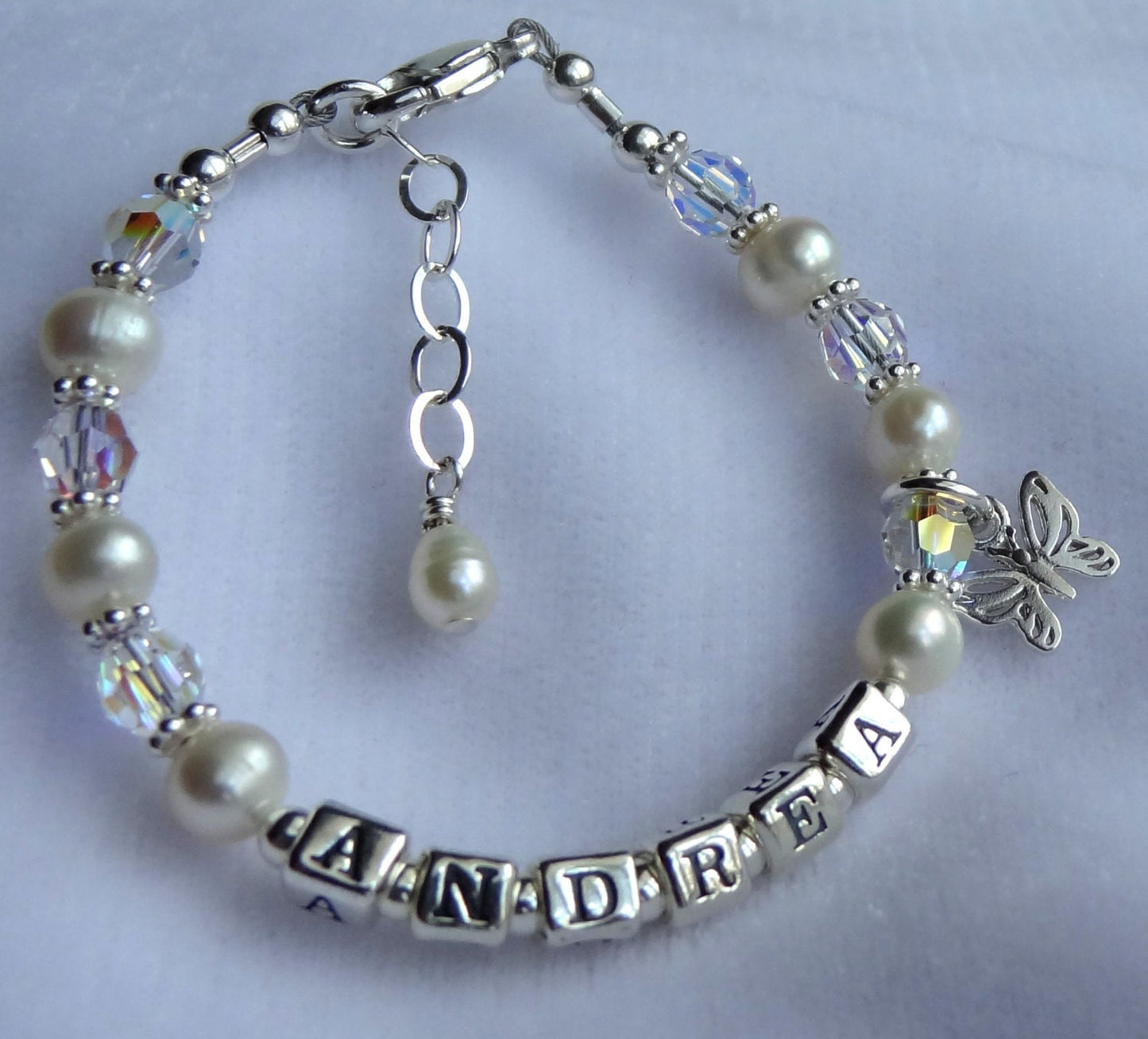 Sterling Silver Pearl Birthstone Name Bracelet,Child Name Bracelet,Baptism Christening Blessing First Communion Bracelet,Goddaughter Present