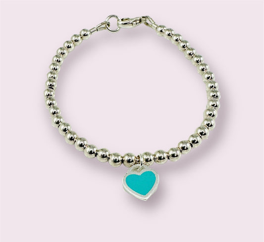 4mm Sterling Silver Ball Beads Heart Charm Bracelet,Dainty Silver Heart Charm Bracelet,Gift for Mom Bridesmaid Flower Little Toddler Girls