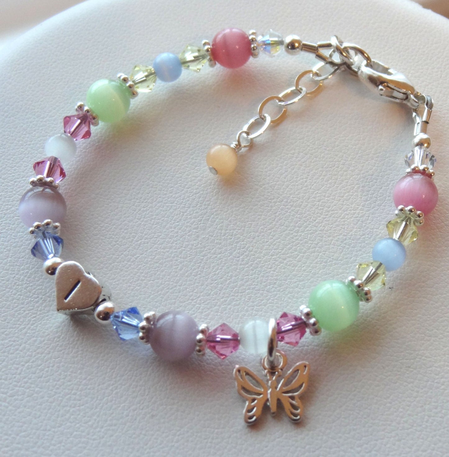 Multicolor Cat Eye Initial Heart Bracelet, Flower Girl Bracelet, Birthday Present Bracelet, Granddaughter Bracelet, Personalized Bracelet