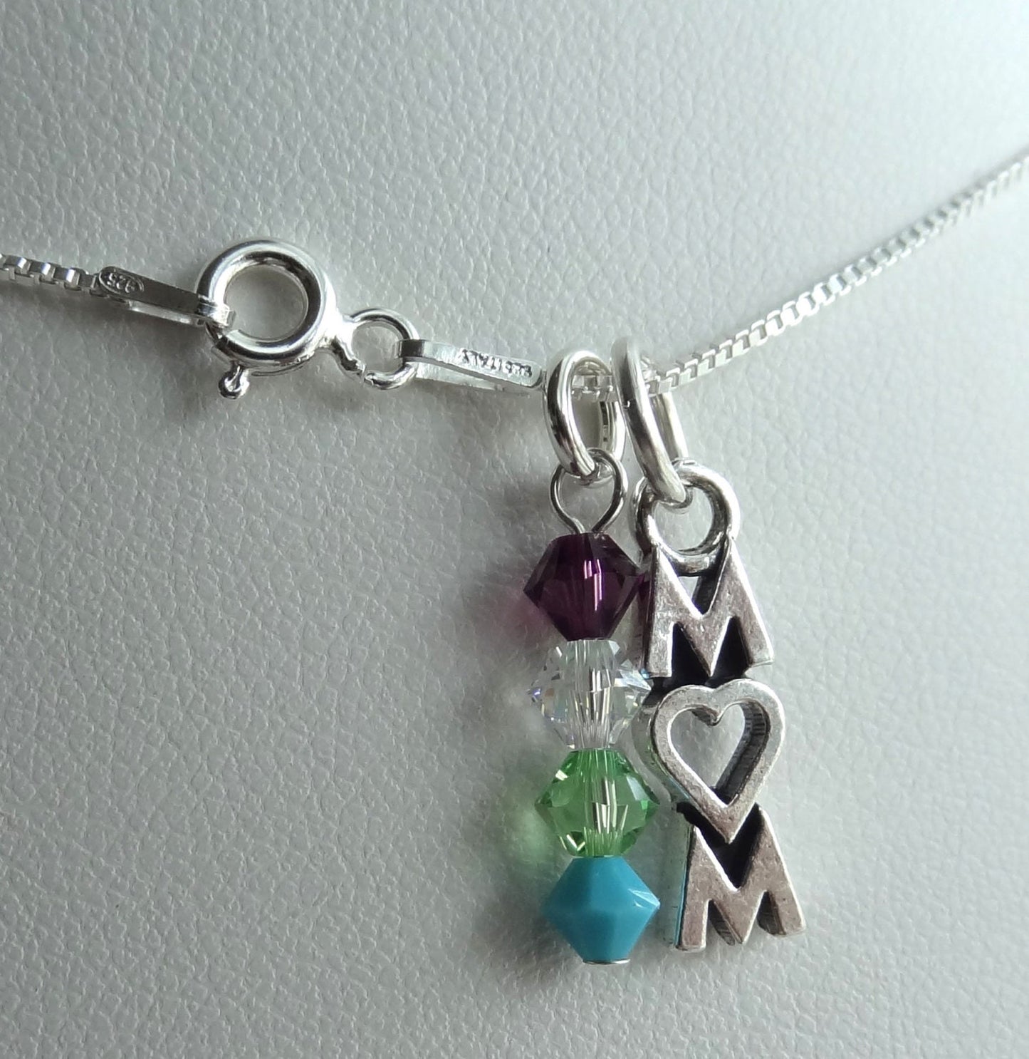 Sterling Silver Mom Charm and  Birthstone Dangle Necklace, Family Necklace, Family Birthstone Tree Necklace, Children birthstone, Grandma