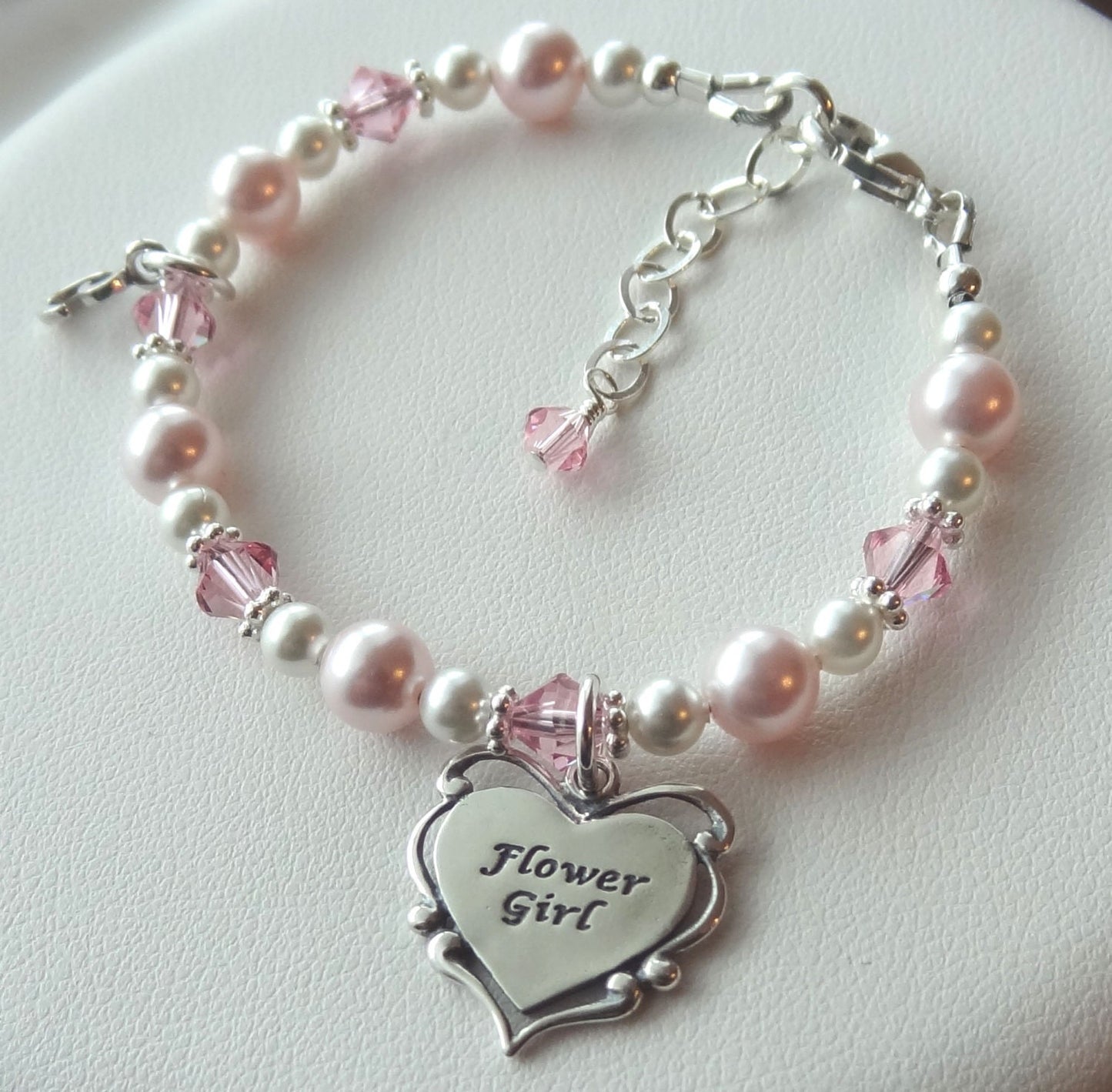 Flower Girl Heart Initial Bracelet,Pearl Flower Girl Charm Bracelet,Personalized Flower Girl Bracelet,Initial Bracelet,Pink Pearl Bracelet