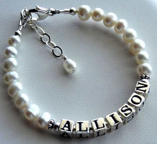 Baby Child Kid's Personalized Name Pearl Bracelet,Freshwater Pearl Silver Name Bracelet,Baptism Christening Blessing Pearl bracelet