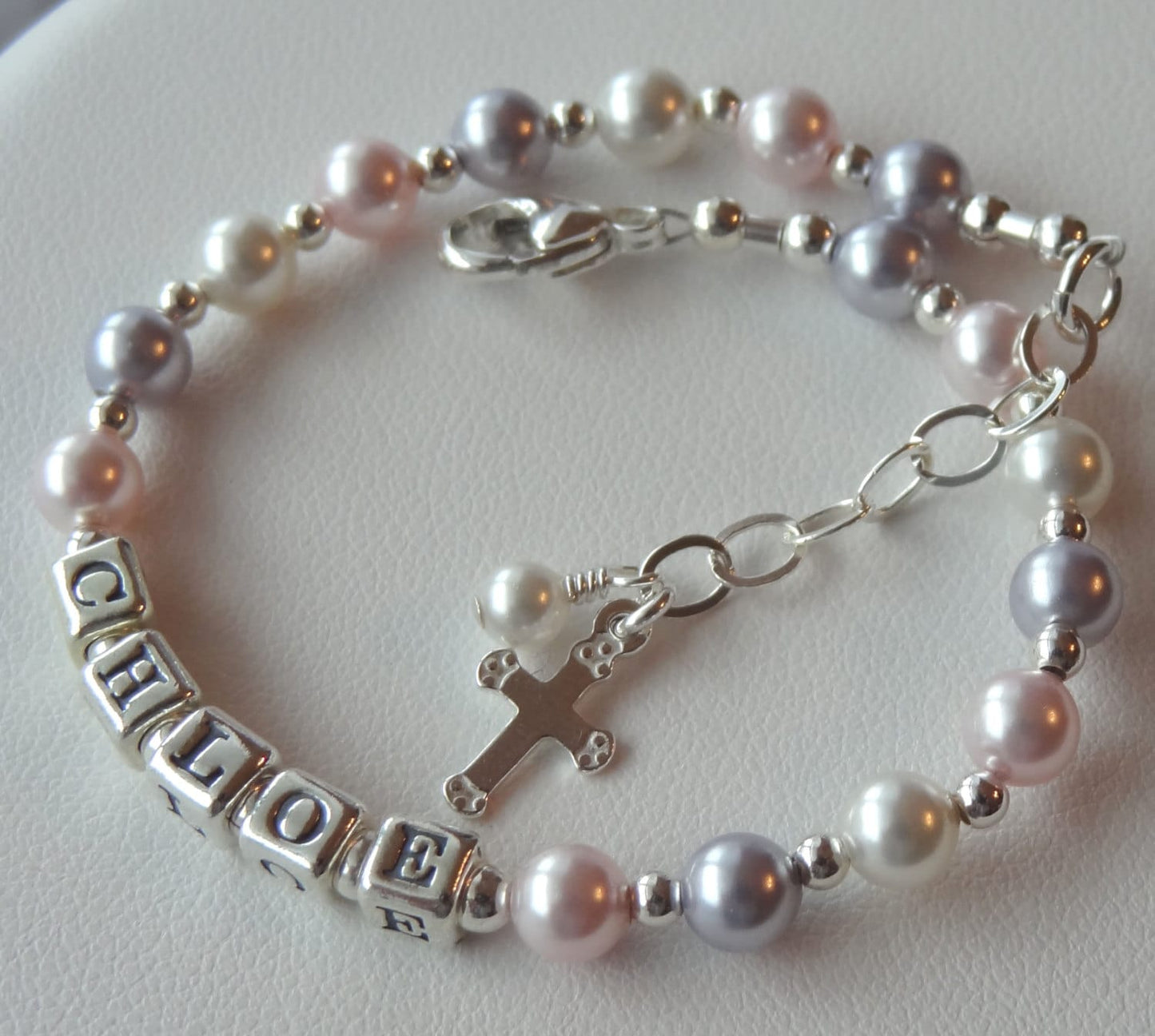 Initial Name Bracelet,Personalized Baby Name Bracelet,Baptism Cross Bracelet,Christening,First Holy Communion Bracelet,Pink Lavender Bracele