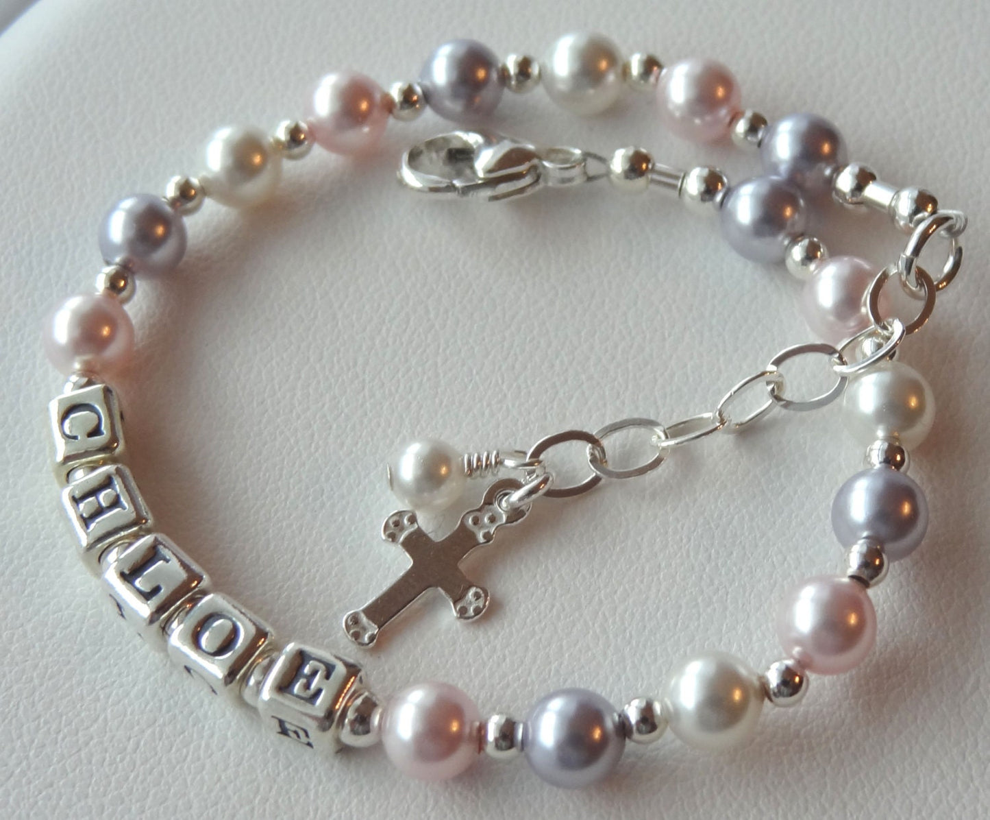 Baptism Pink Pearl Name Bracelet, Baby Pink Name Bracelet,First Communion Bracelet, Baby Pink Girl Bracelet,Pink Lavender Name Bracelet