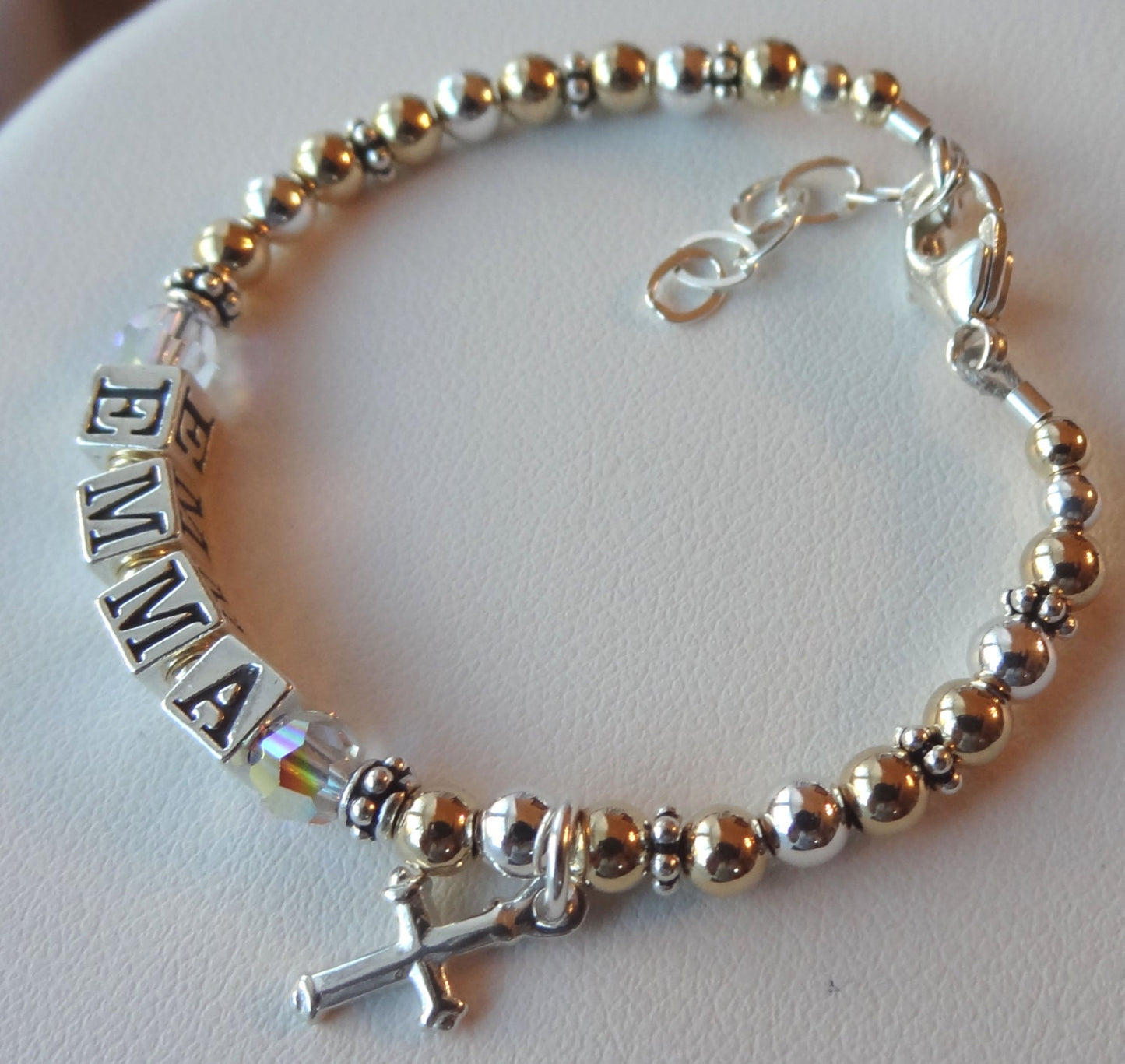 Gold and Silver Children Baby Name Bracelet, Gold Bracelet, Gold and Silver Name Bracelet, Baptism, Cross Bracelet