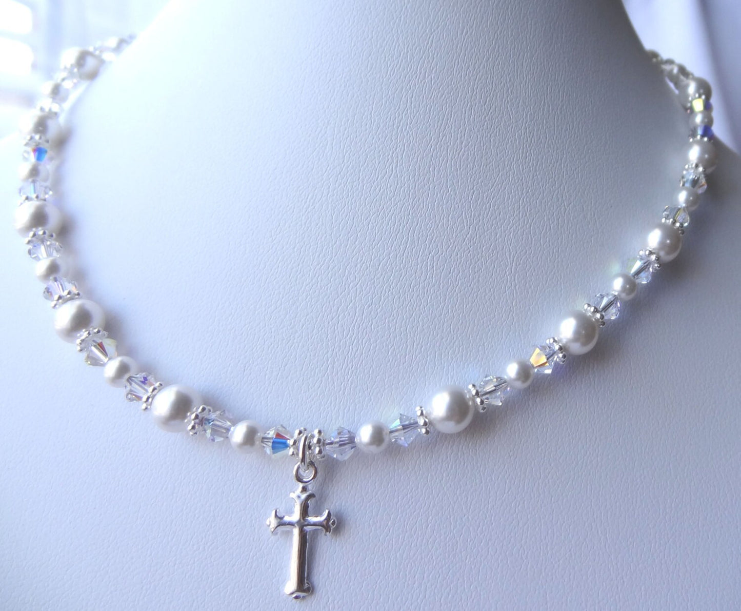 First Communion Cross Pearl Crystal Necklace,Baby Baptism Cross Necklace,Confirmation Necklace,Pearl Cross Necklace, Silver Cross Necklace