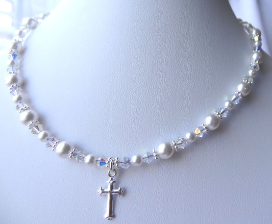 First Communion Cross Pearl Crystal Necklace,Baby Baptism Cross Necklace,Confirmation Necklace,Pearl Cross Necklace, Silver Cross Necklace
