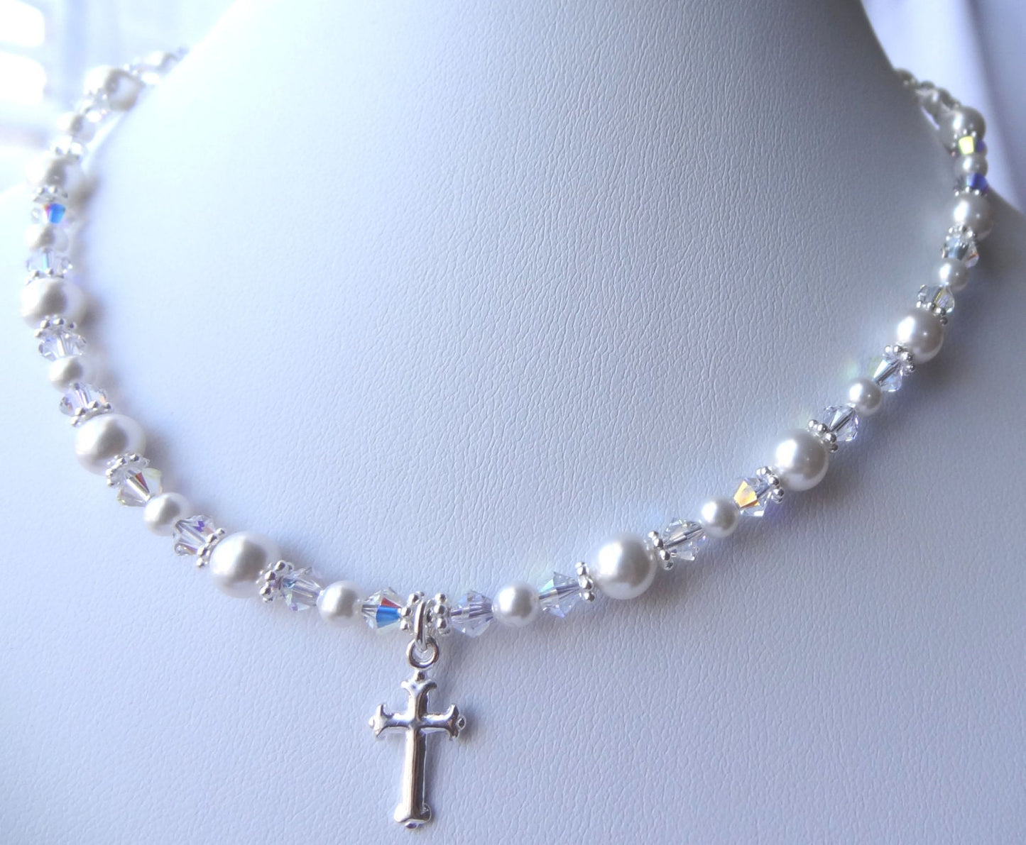 Sterling Silver First Holy Communion Cross Pearl Crystal Necklace