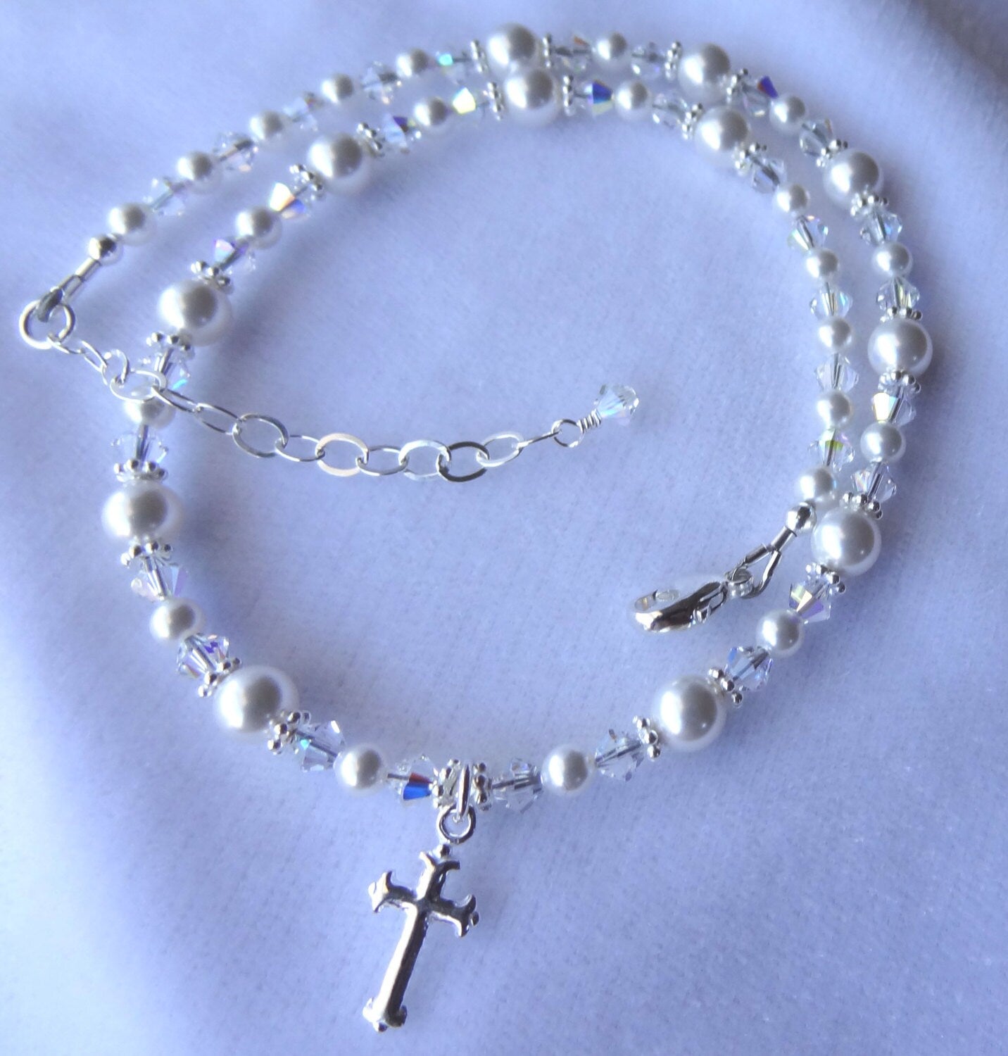 First Communion Cross Pearl Crystal Necklace,Baby Baptism Cross Necklace,Confirmation Necklace,Pearl Cross Necklace, Silver Cross Necklace