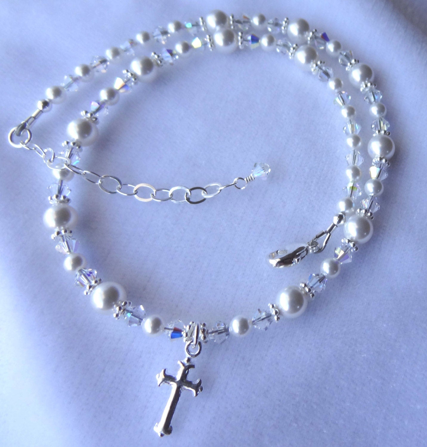 Sterling Silver First Holy Communion Cross Pearl Crystal Necklace