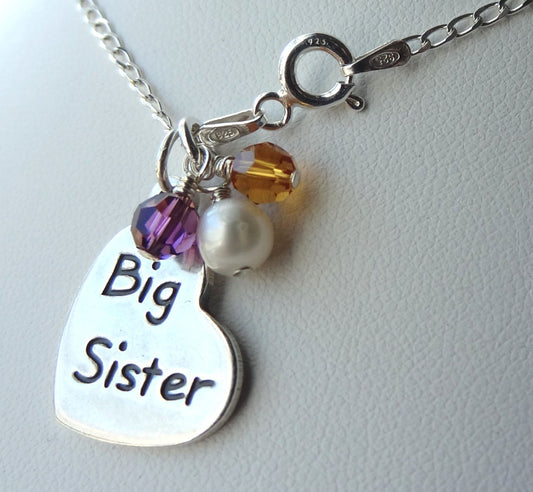 Sterling Silver Big Little Sister Birthstone Child Girl Necklace,Big Sister Necklace,Sister Necklace,Little Sister Necklace,Lil Sis Necklace