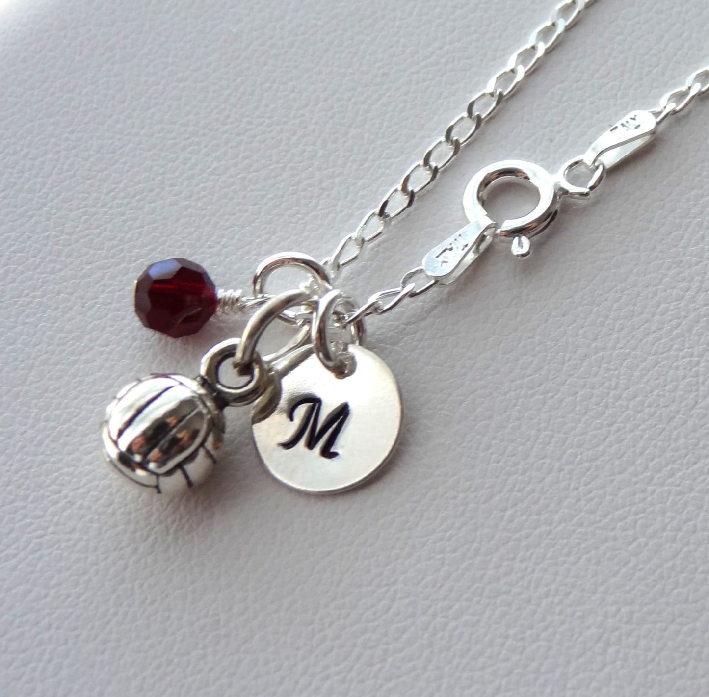 Sterling Silver Personalized Sport Ball Necklace, Initial Letter Birthstone Necklace,Basketball Soccer Baseball Softball Volleyball Necklace