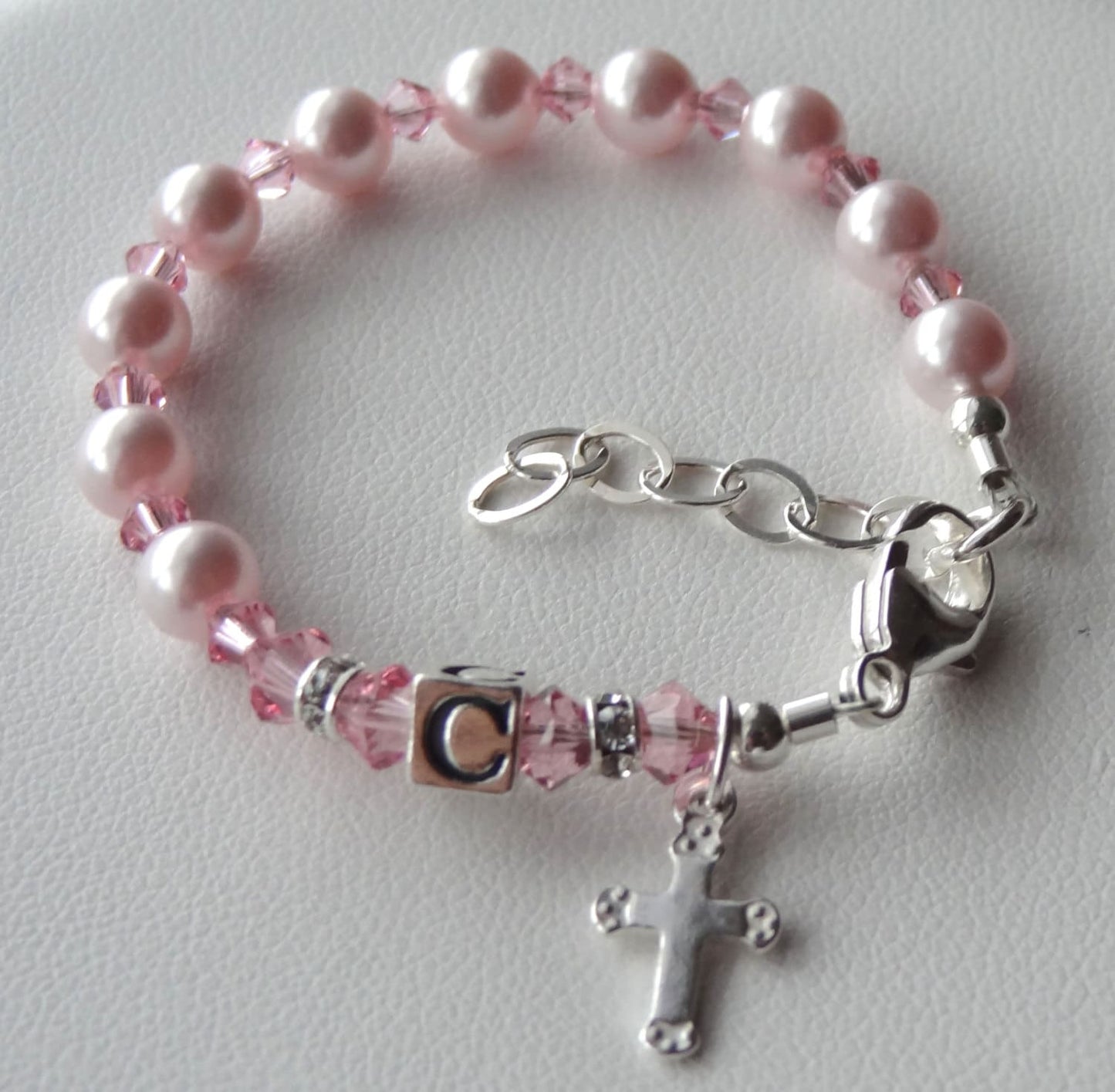 Pink Initial Baptism Pearl Rosary Bracelet,First Communion Bracelet,Confirmation Bracelet,Pink Pearl Initial Bracelet, Pearl Rosary Bracelet