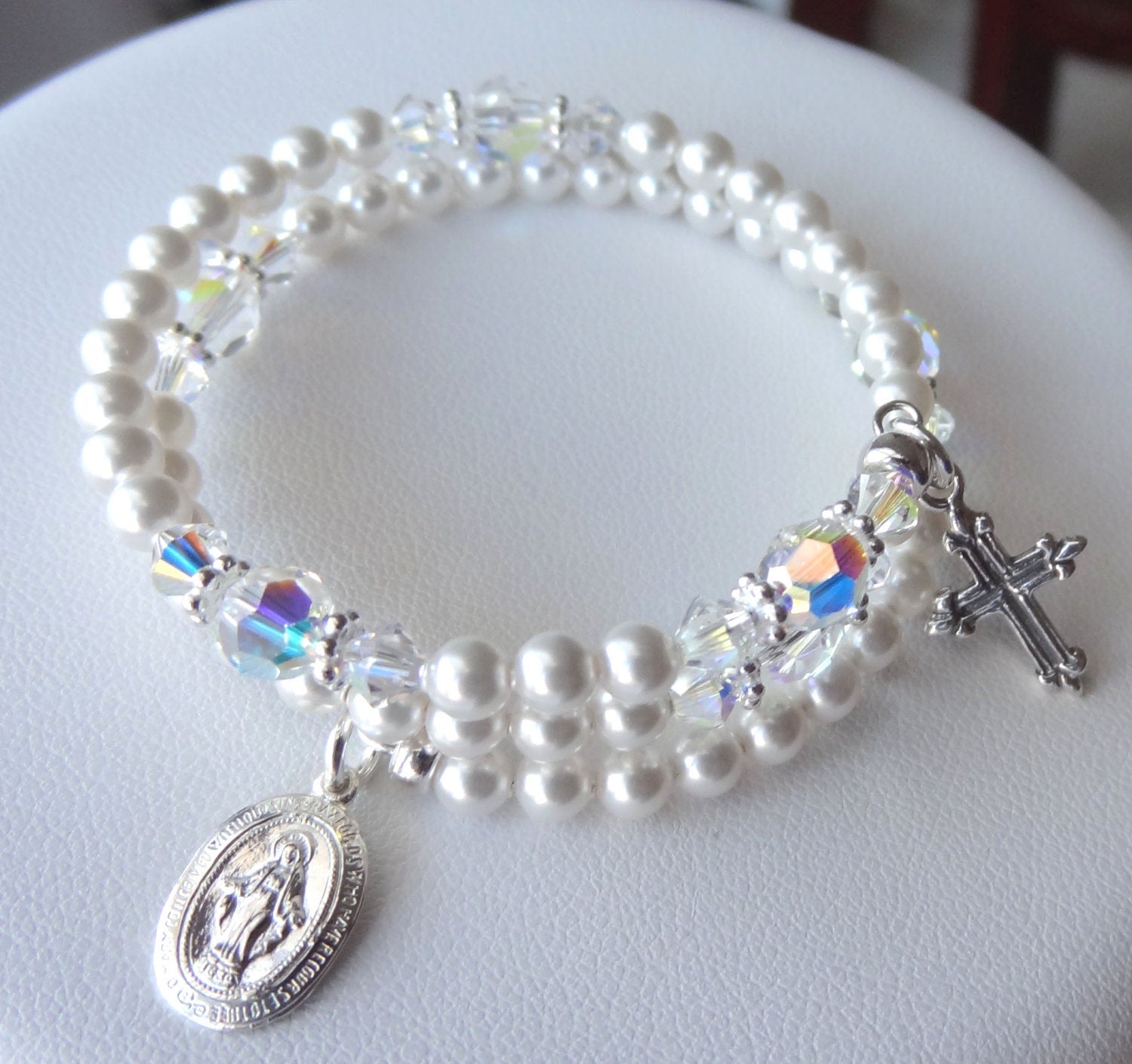First Holy Communion Rosary Bracelet, Rosary Bracelet, Crystal Clear Rosary Bracelet, Five Decade Wrap Rosary, Memory Wire Rosary Bracelet