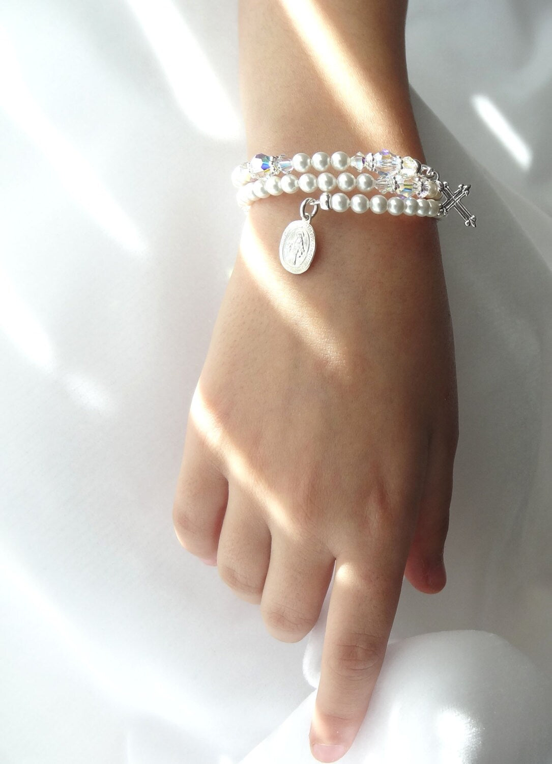 Sterling Silver Five Decade Pearl Wrap  Rosary Bracelet