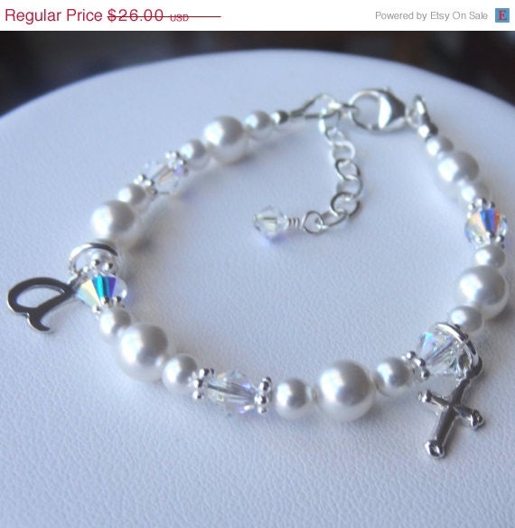 Baptism Personalized Cross Initial Pearl Bracelet,Confirmation Bracelet,First Communion Bracelet,Flower Girl Bracelet,Sideway Cross Bracelet