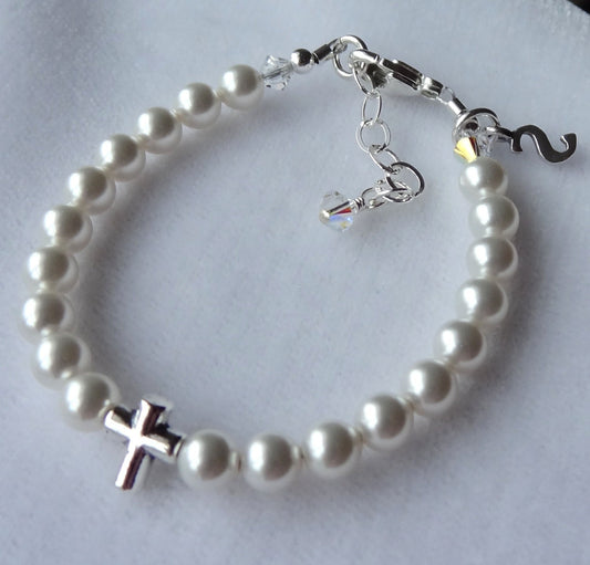 Baptism Personalized Cross Initial Pearl Bracelet,Confirmation Bracelet,First Communion Bracelet,Flower Girl Bracelet,Sideway Cross Bracelet