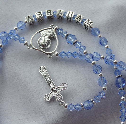 Personalized Sterling Blue Crystal Rosary, First Communion Boy Rosary, Confirmation Catholic Gift Rosary,Baby Boy Baptism Rosary,Blue Rosary