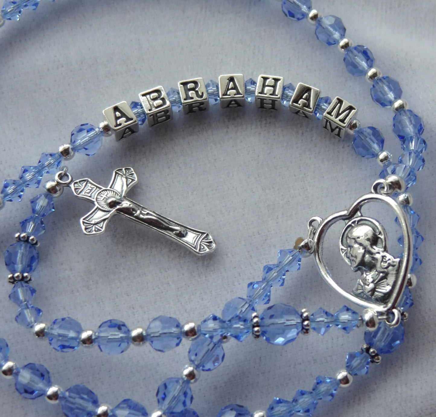 Personalized Sterling Blue Crystal Rosary, First Communion Boy Rosary, Confirmation Catholic Gift Rosary,Baby Boy Baptism Rosary,Blue Rosary