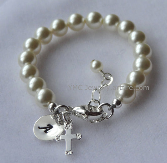Personalized Baby Girl Pearl Bracelet,Baby Pearl Cross Bracelet,Initial Pearl Bracelet,Baptism First Communion Confirmation Pearl Bracelet