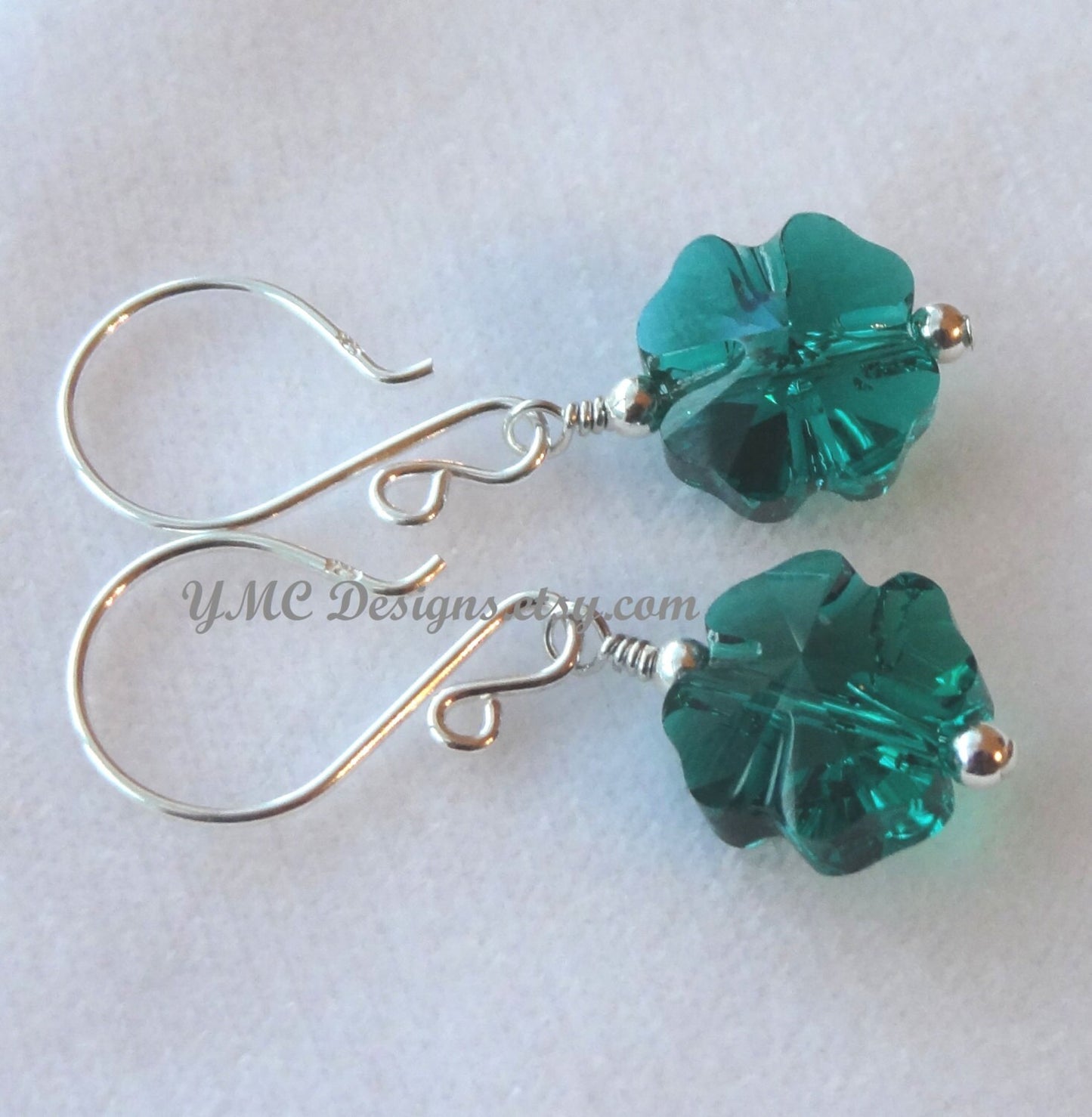 Sterling Silver Crystal Green Clover Earrings, Lucky Earrings, hamrock Earrings,Irish Clover Earrings,St. Patrick's Day Jewelry,Green Dangle