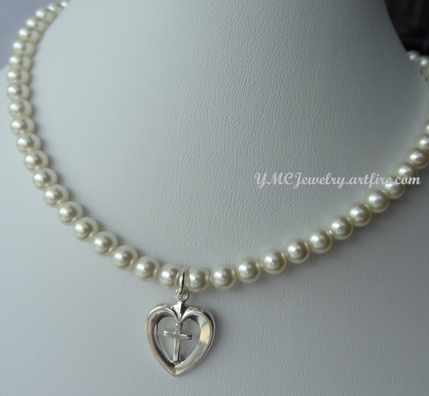 First Communion/Confirmation Crystal Pearl Heart Cross Necklace