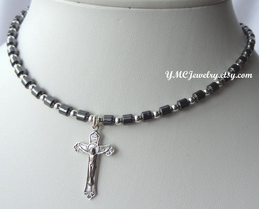 Boy / Men Cross Hematite First Communion Necklace,Boy Cross Necklace