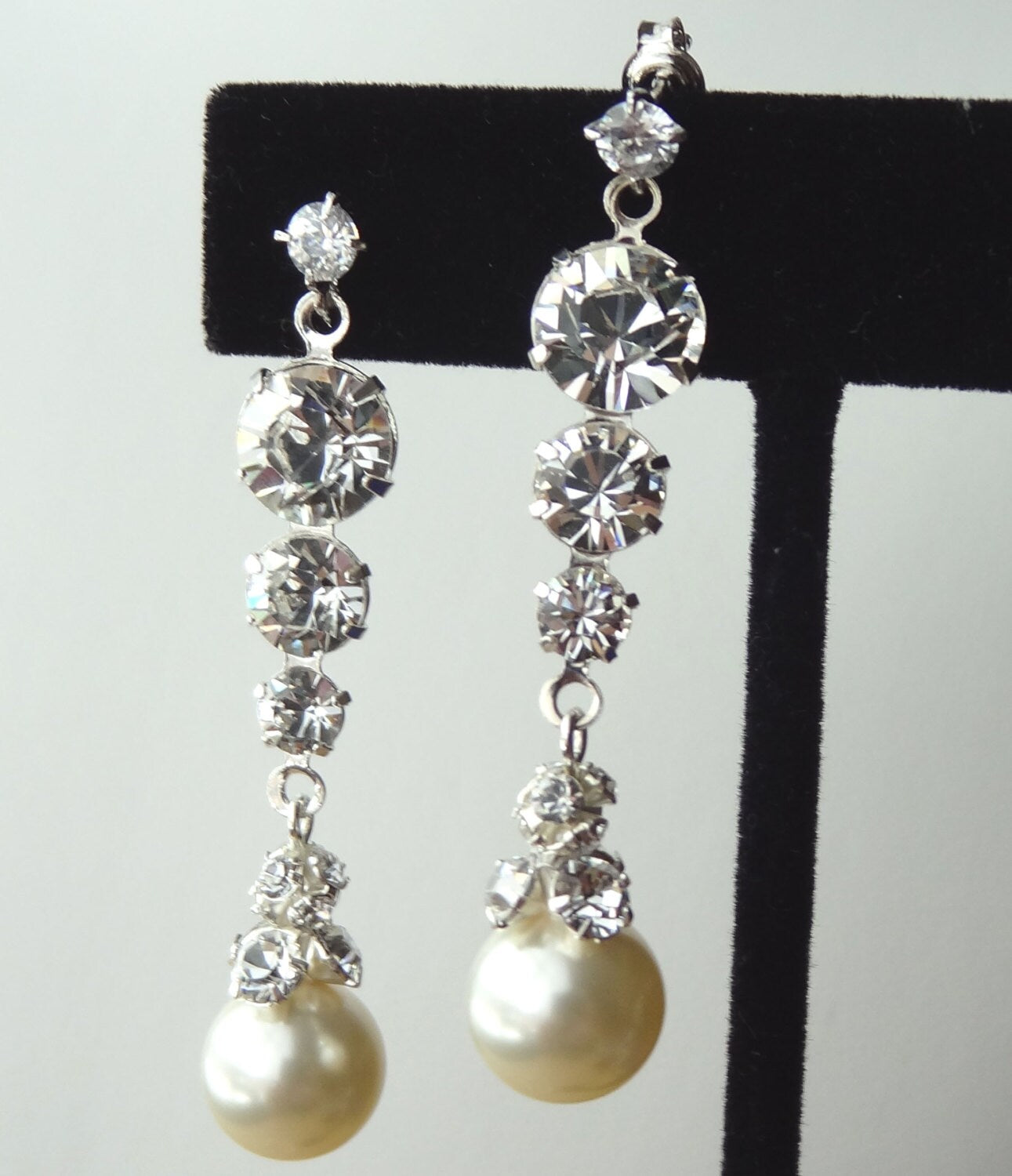 PRESTIGE Crystal Pearls and Rhinestone Post  Sterling Silver  Earrings, Weddings Bride Bridal Earrings, Bridesmaids Earrings