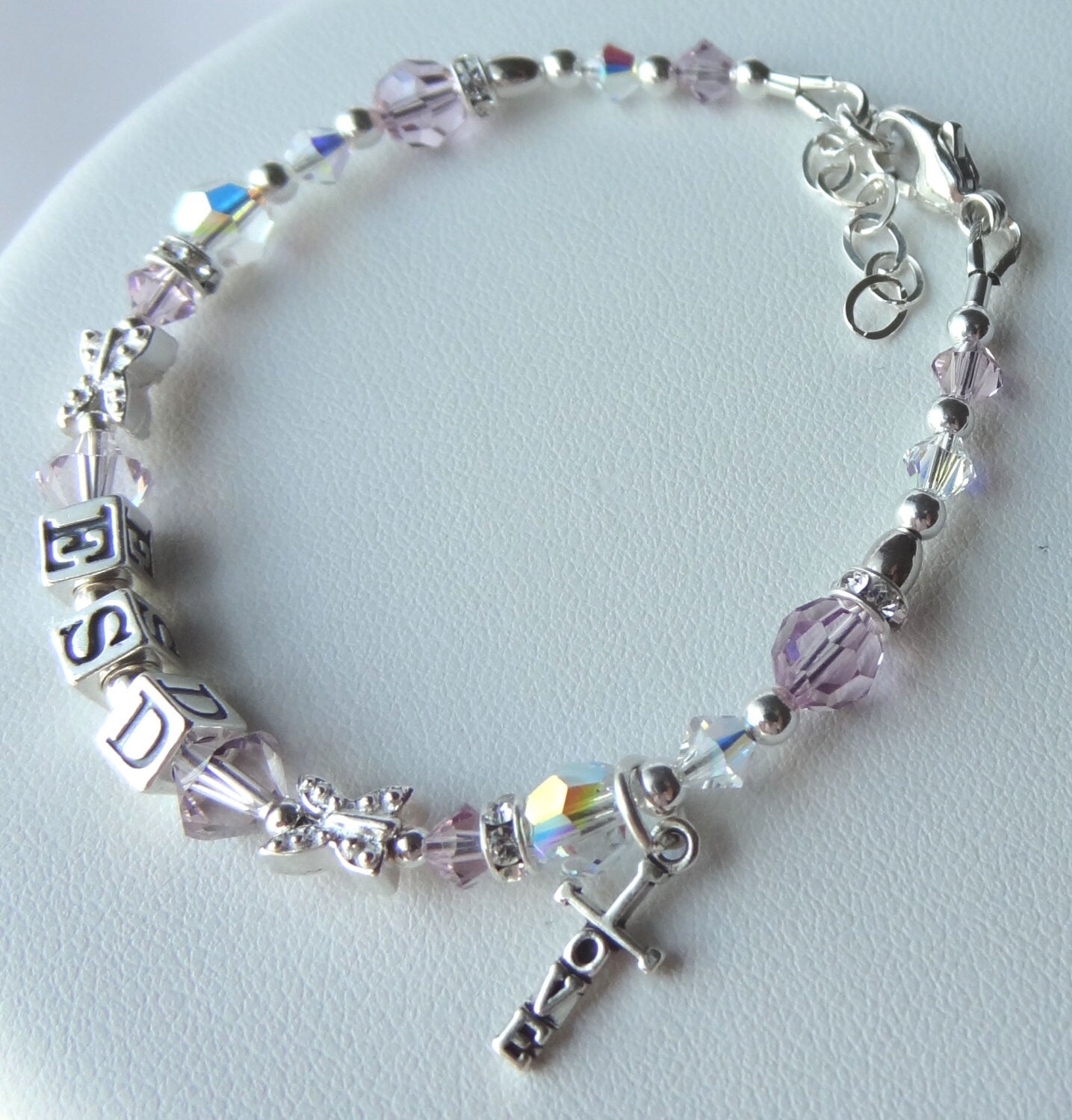 Initial Name Bracelet,Personalized Baby Name Bracelet,Baptism Cross Bracelet,Christening,First Holy Communion Bracelet,Pink Lavender Bracele