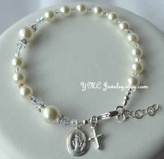 Pearl Rosary Bracelet,Communion Pearl Bracelet,Confirmation Bracelet,Godmother Bracelet,Chaplet Rosary Bracelet,Catholic Bridal Bracelet
